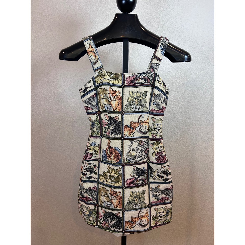 Cider Woven Tapestry Cat Print Mini Dress Sleeveless Square Neck XS